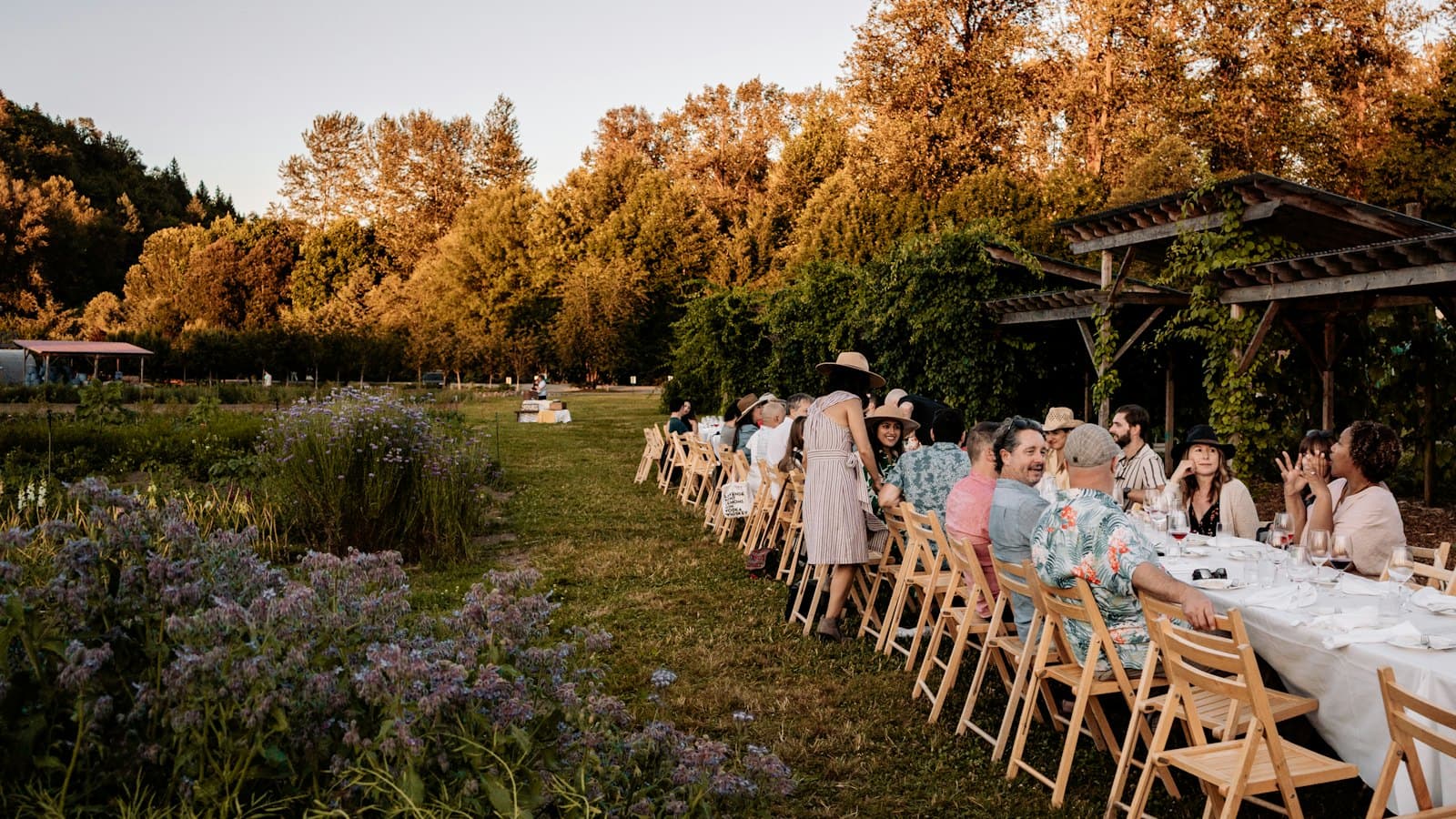 Longue tablée dressée dans un jardin au coucher du soleil